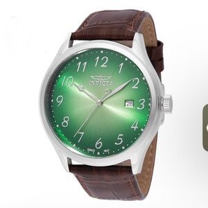 Invicta Silver Case Watch with Green Dial and Brown Strap